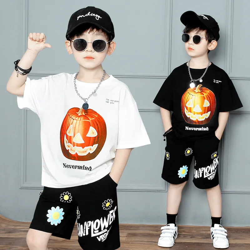 

НОВЫЕ комплекты летней одежды для мальчиков, Детская Хлопковая футболка с коротким рукавом и штаны, Модный повседневный спортивный костюм ...