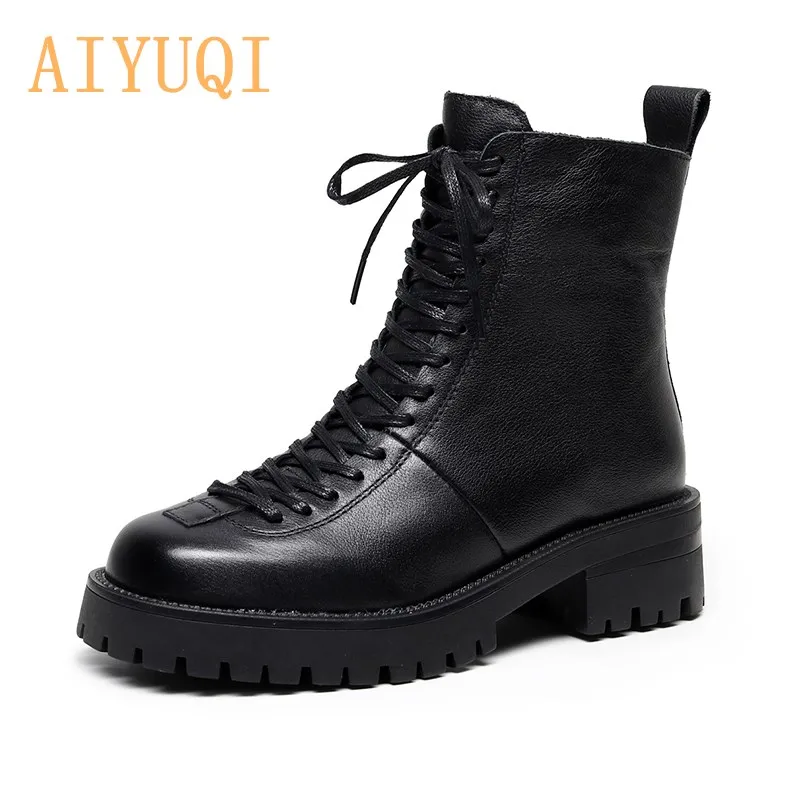 

AIYUQI Ladies Genuine Leather Martin Boots 2022 Winter Fuzzy Lace-up Women Motorcycle Boots Thick Heel Women Shoes Boots