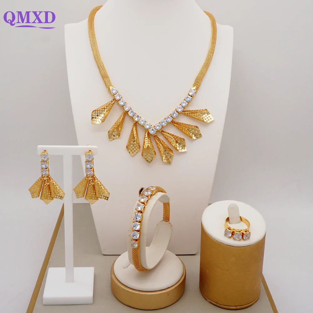 

Fine Rhinestone Jewelry sets Dubai Gold Color Jewelry sets For Women Necklace Earrings Ring Bracelet Sets Wedding Bride Gifts