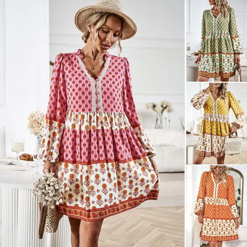 

Богемное шикарное женское платье, офисное свободное платье с V-образным вырезом, осенне-зимнее темпераментное платье, женские повседневные уличные платья