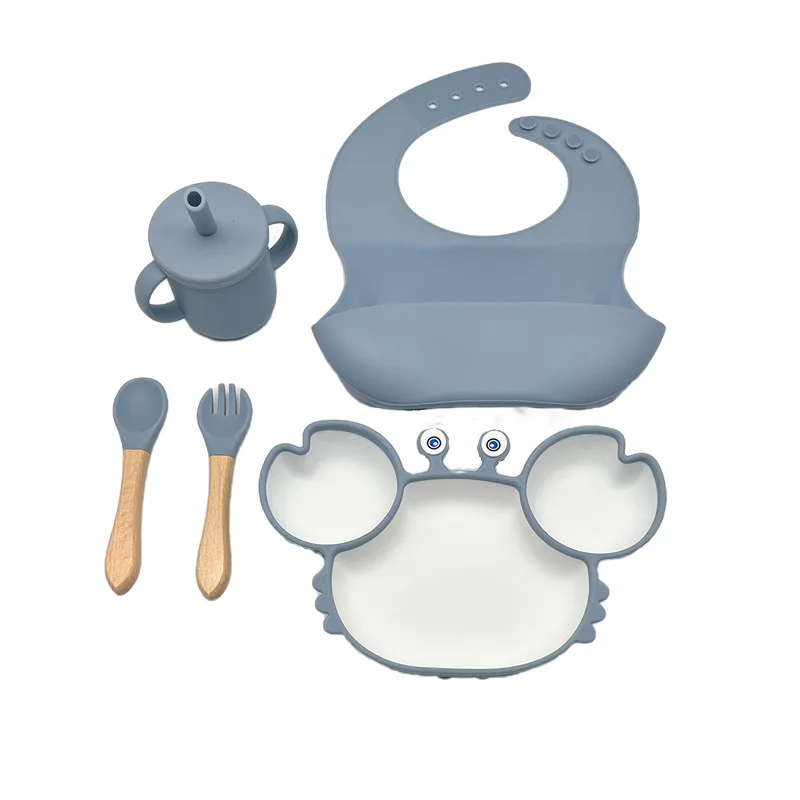 Baby Dish Baby Bowls Plates and Spoons Set Crab Kawaii Dishes Food Silicone Feeding Bowl Non-Slip Babies Tableware Kids Stuff
