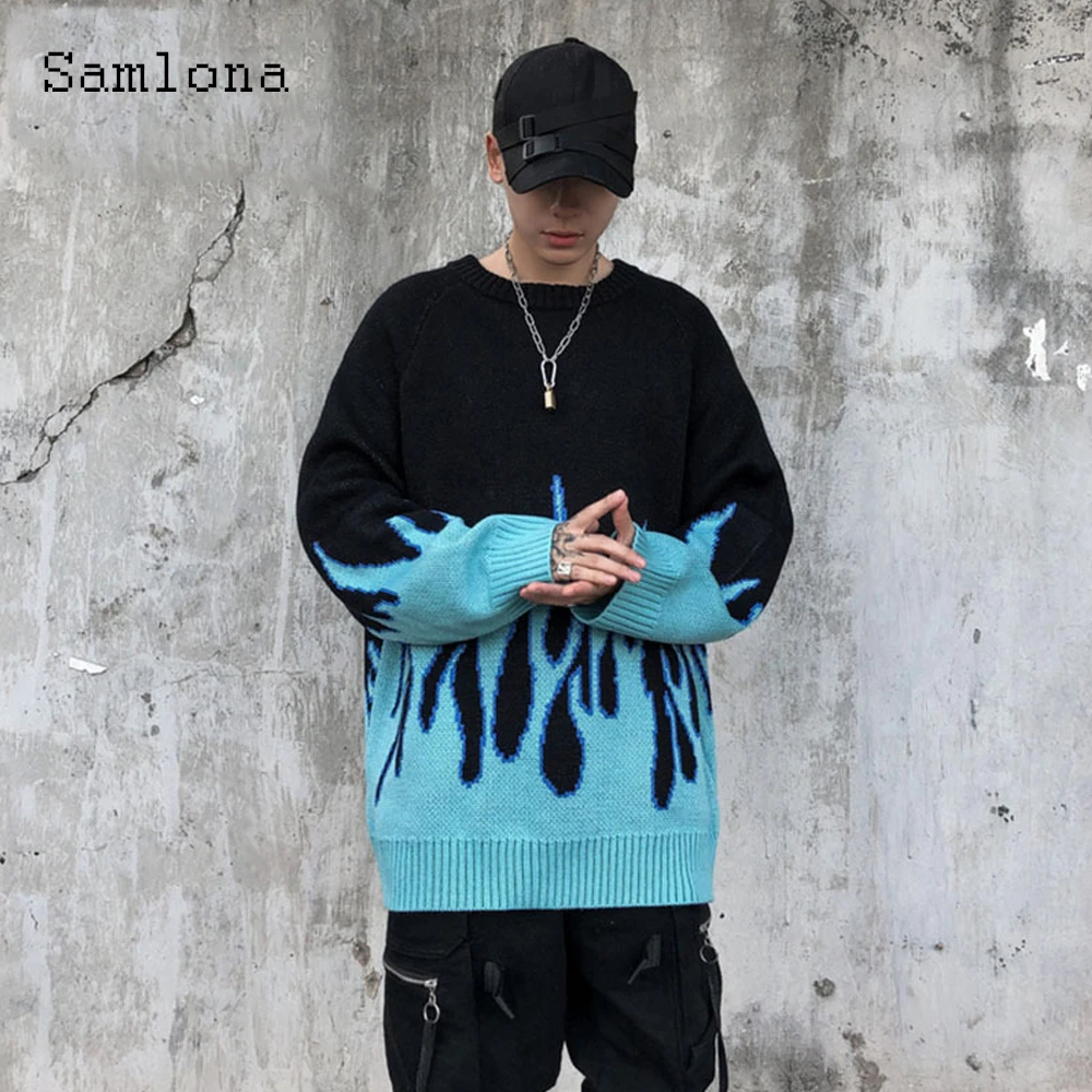 Samlona Men Knitting Sweater Male Streetwear 2022 Gothic Style Fashion Fire Printed Top Knitted Pullovers Winter Warm Sweaters