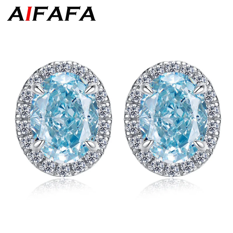 

AIFAFA S925 Sterling Silver Aquamarine Earring 6*8mm Diamond Ear Stud Wedding Bride Party Gifts Fine Jewelry Wholesale