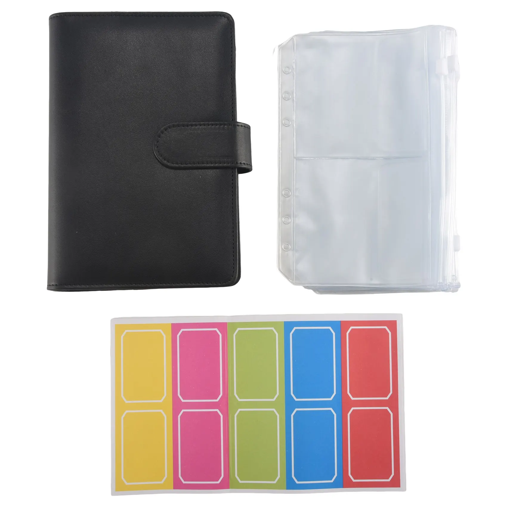 

14 Binder Bags A6 with Leather Binder Cover, 6 Rings Budget Binder with Cash Envelope, Money Saving Binder (Black)