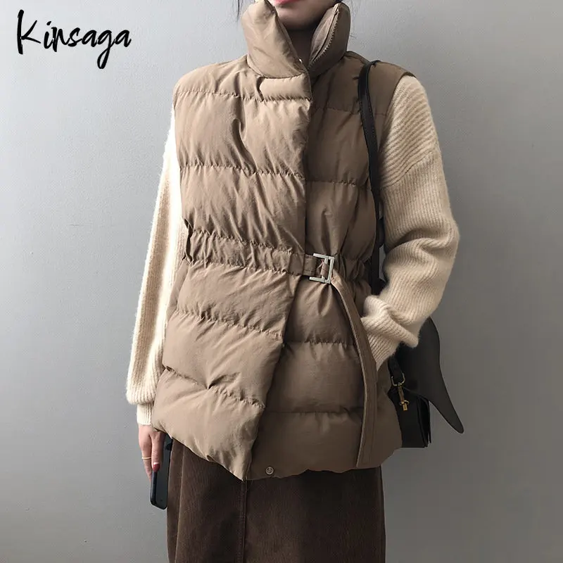 

Winter Stand Collar Collected Waist Parkas Vest Coats Women Warm Belted Thick 50% Duck Down Padded Waistcoat Elegant Lady Jacket
