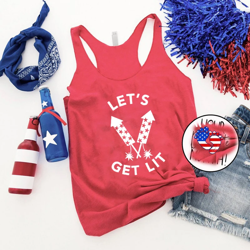 

Fireworks Tank Top July Fourth Tanks Let's Get Lit Patriotic Muscle Tank Top Workout Muscle Shirts Funny 4th of July Tops