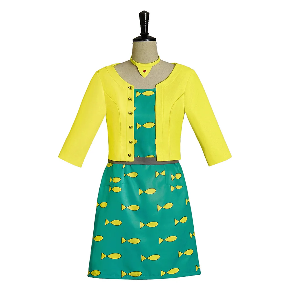 

Princess Carolyn Cosplay Costume Carolyn Cos Yellow Coat Green Dress with Choker Full Suit Women Halloween Outfit