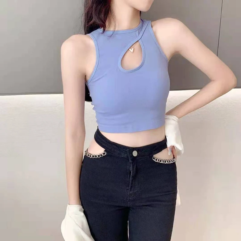 

Women Cut Out Shoulder Y2k Top Sleeveless with Chest Padded Sport Gym Tank Top Hollow Out Fitness Femme Running Bra Vest