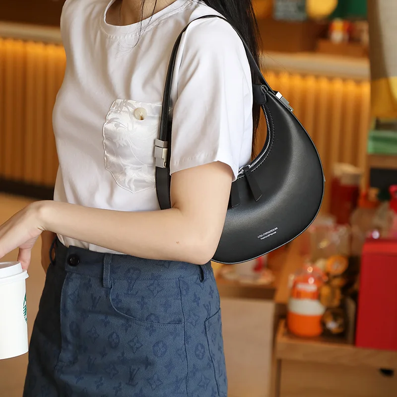 New fashion women shoulder bag, luxury designer leather small underarm satchel, boutique leisure cowhide crescent handbag bags