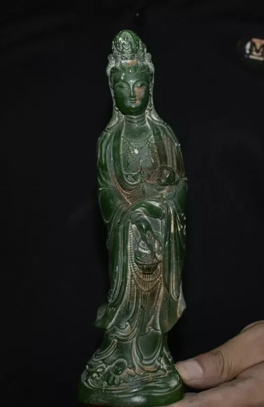 8 8-дюймовая старая китайская резьба из натурального зеленого нефрита Статуя