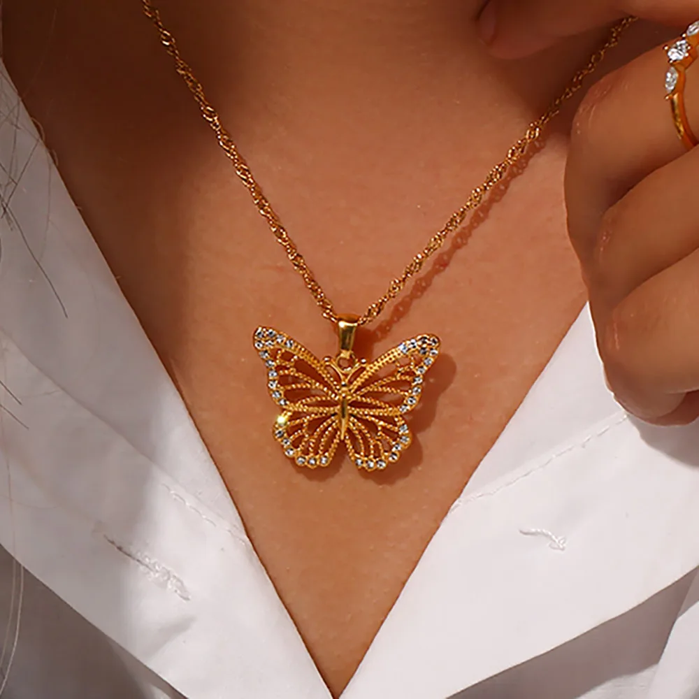 

2022 Trend Jewelry Stainless Steel 18K Gold Plated 3A Zircon Stone Luxury Butterfly Pendant Necklace Crystal Butterfly Necklace