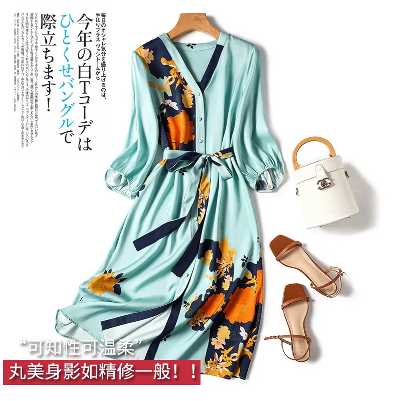 

92% Natural Silk High Quality Print Vestidos De Mujer Invierno V-Neck Loose Dress Women Three Quarter Sleeve Single Breasted