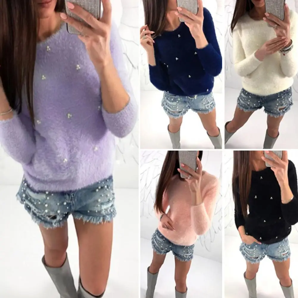 

Sweater Jumper Skinny Elastic Warm Autumn Winter Solid Color Fluffy Blouse Sweater Jumper Knitted Sweater Streetwear