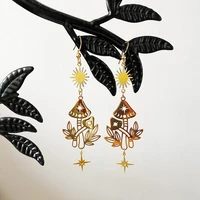 handmade mushrooms magic gold dangle earrings long earrings bohemian jewelry bohemian sun moon jewelry enchanted