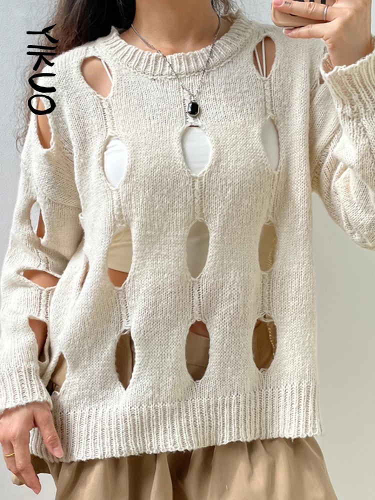 

YIKUO Holes Baggy Pullover Jumpers Women Solid Knitted Leisure Homewear 2022 Autumn Winter O Neck Long Sleeve Sweatshirts