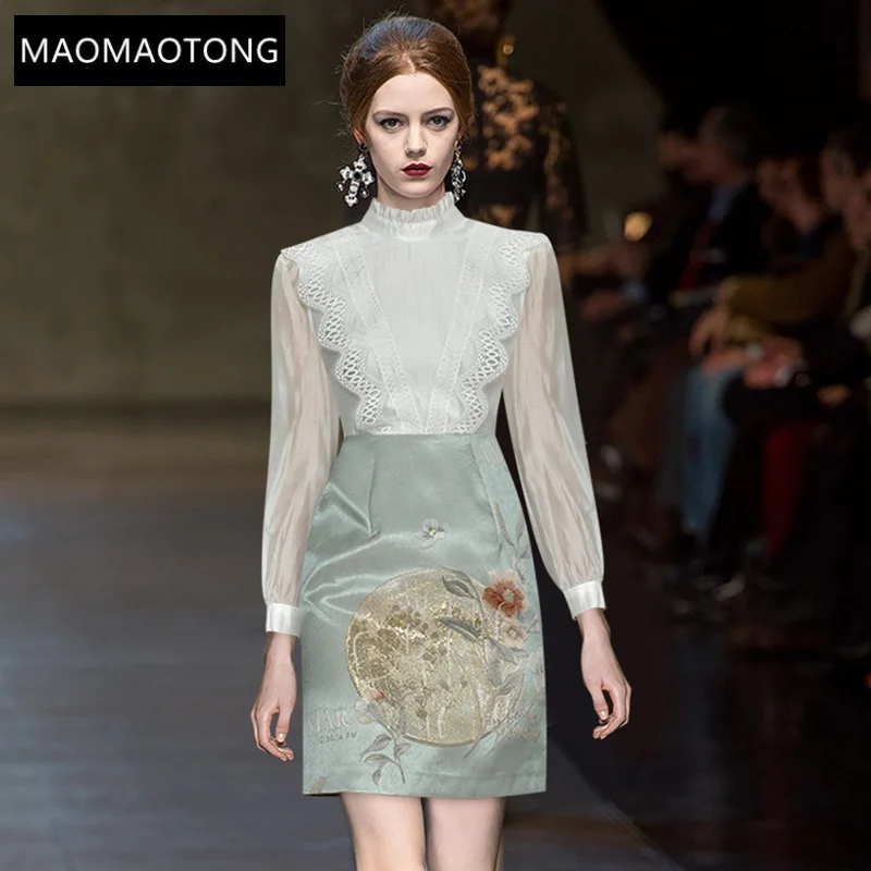 

Fashion Designer dress Spring Women Dress Stand-up collar Long sleeve Hollow out Splicing Beading Floral Dresses