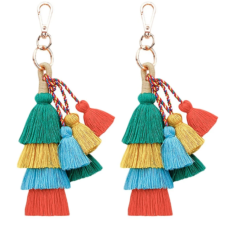 

2X Vintage Boho Key Chain Multilayer Tassel Pendant Women Bag Hanging Ornament Woven Keychain Women Accessorie