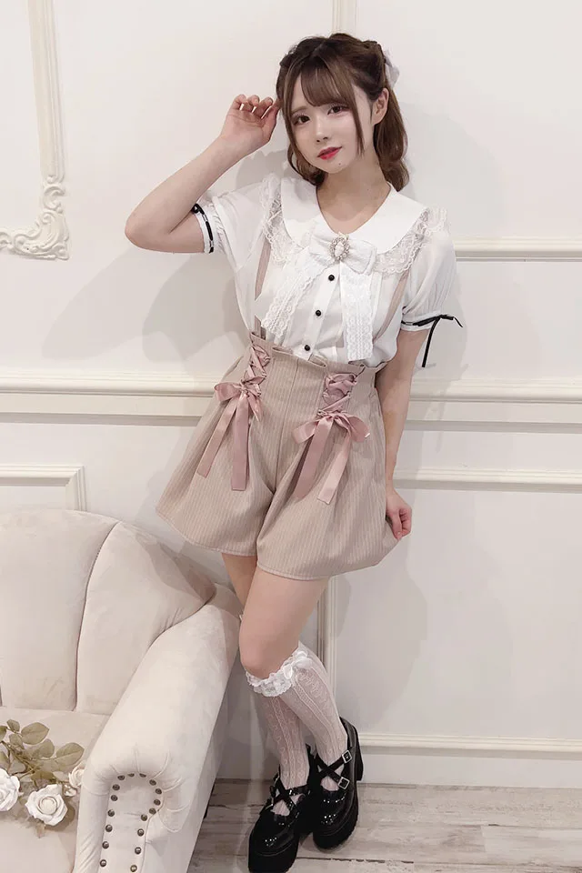 Lolita Cute Slim-Fit Sweet Pink Suspender Short Pants Women Lace-up Bow Elastic High Waist Shorts 2023 New Spring Summer Shorts