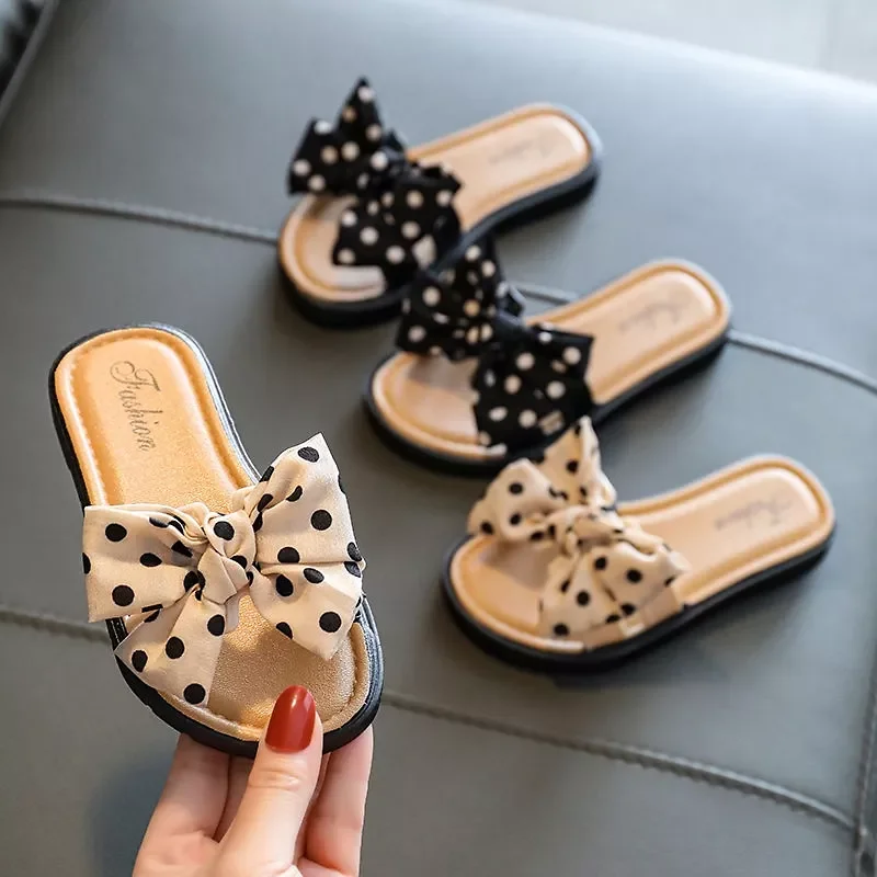 Kids Girls Summer Beach Slippers, Toddlers Dots Bow Open Toe Slide Slippers, Nonslip Cross Slippers with Bowknot for Kids