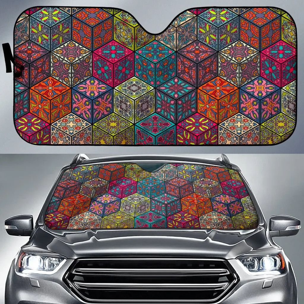 

Bohemian Indian Box Pattern Print Car Sun Shade