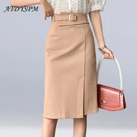 atdyspm women skirts elegant split high waist straight skirt vintage korean office lady stretch wrap hip midi skirts jupe femme