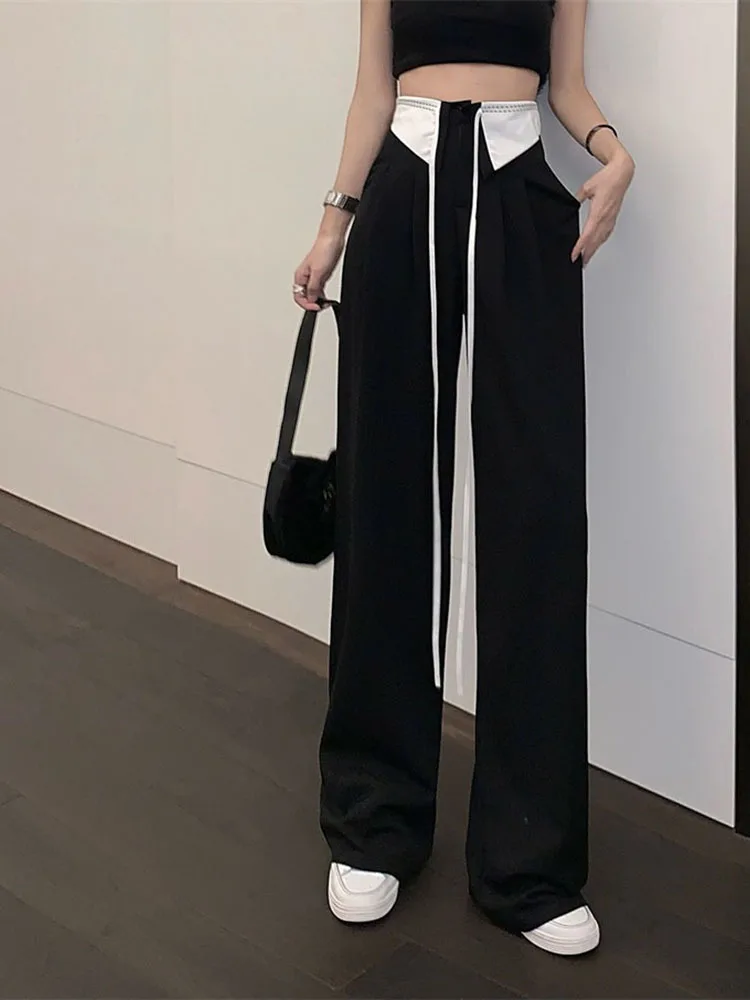 

Autumn Women High Waist Contrast Color Sweatpant Drawstring Tie Up Trousers Wide Leg Straight Cylinder Casual Joggers Pant