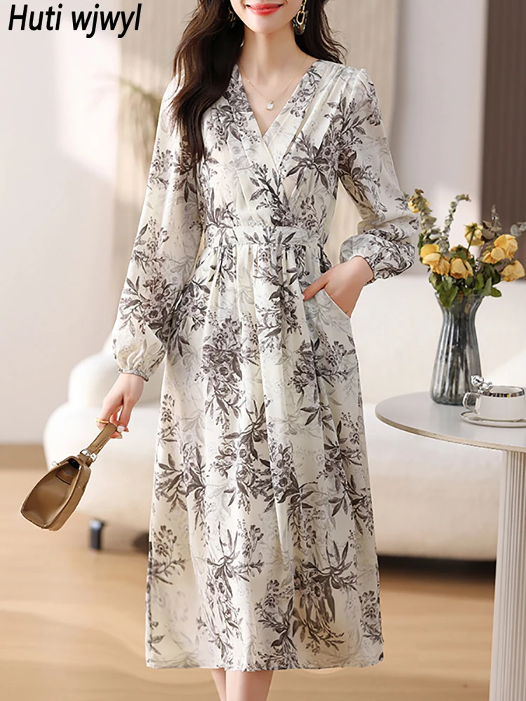 

Весенне-осеннее Элегантное повседневное пляжное длинное платье, женское винтажное цветочное шикарное фотоплатье 2023, корейское модное облегающее платье