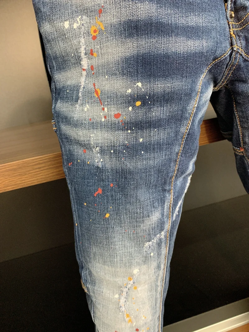 New Men's Dsquared2 Buttons Jeans Ripped For Male Skinny  Pants Men's Denim Trousers Top Quality Slim Jeans A369