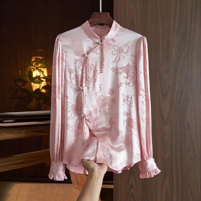 

Satin Floral Women's Shirts Silk Chinese Style Blouses O-Neck Ladies Clothing Loose Long Sleeves FASHION Vintage Tops YCMYUNYAN