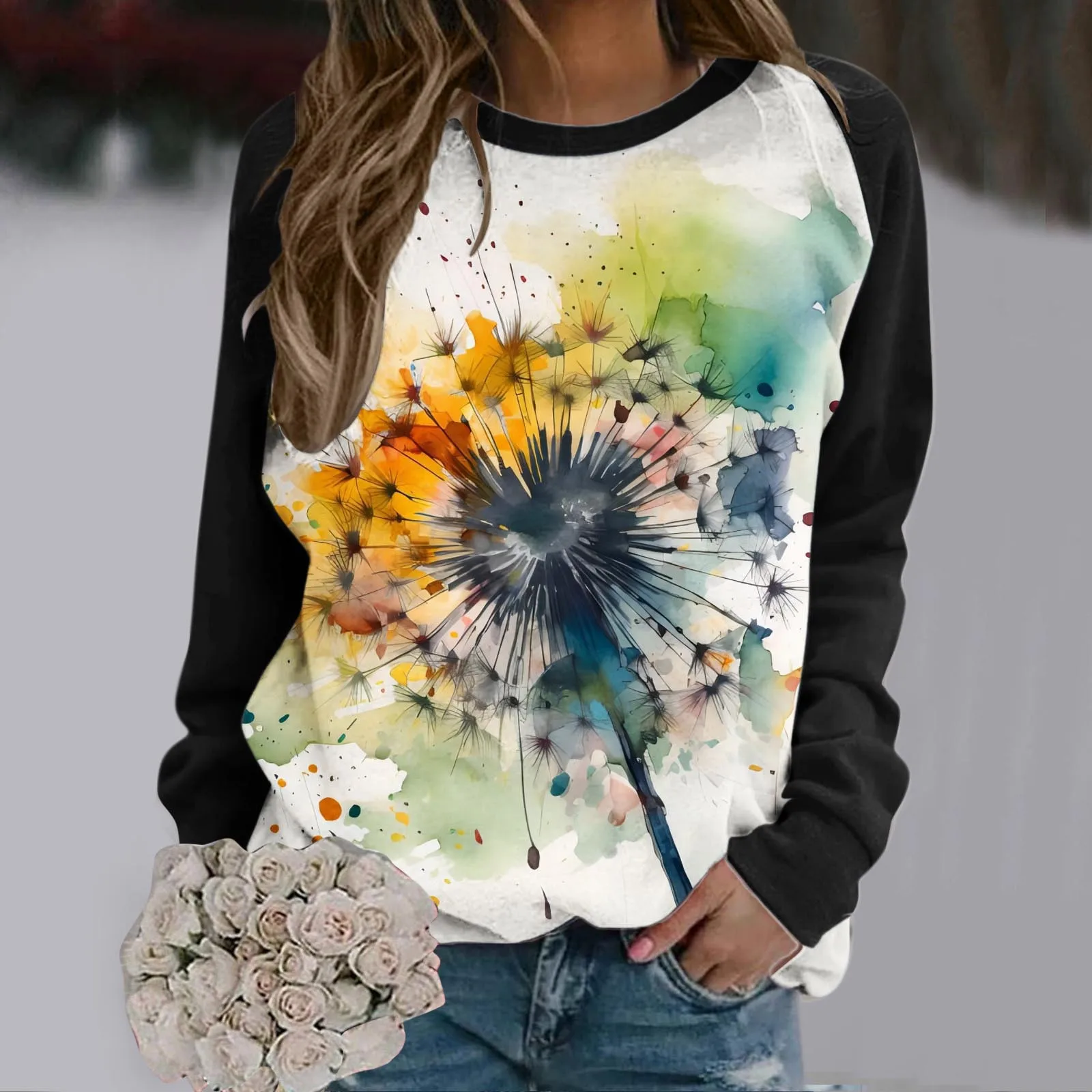 

3d Printed Flower Long Sleeves Crew Neck Pullover Floral Autumn Loose Tees for Women Ladies Sweatshirt Hoodies Blouse Mujer 2023
