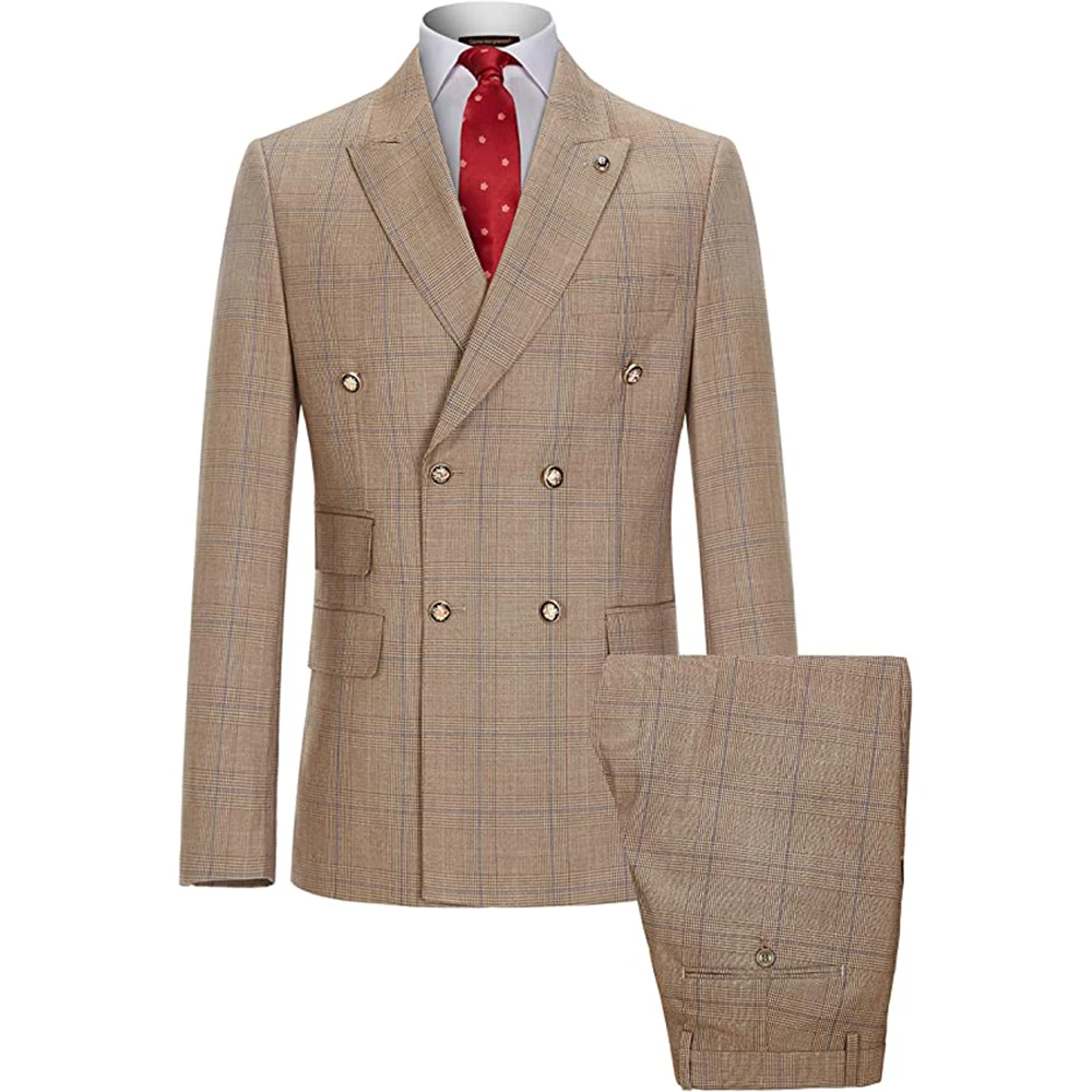 

Plus Size Plaid Men’s 2 Piece Suits Slim Fit Double Breasted Blazer and Pants Set Wedding Party Dress Tuxedo Groomsman Suit