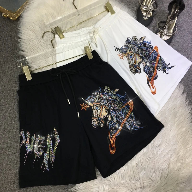 Heavy Industry Cartoon Rhinestone Shorts Female 2023 Summer New High Waist Black All-Matching Wide Leg Shorts Women Clothing