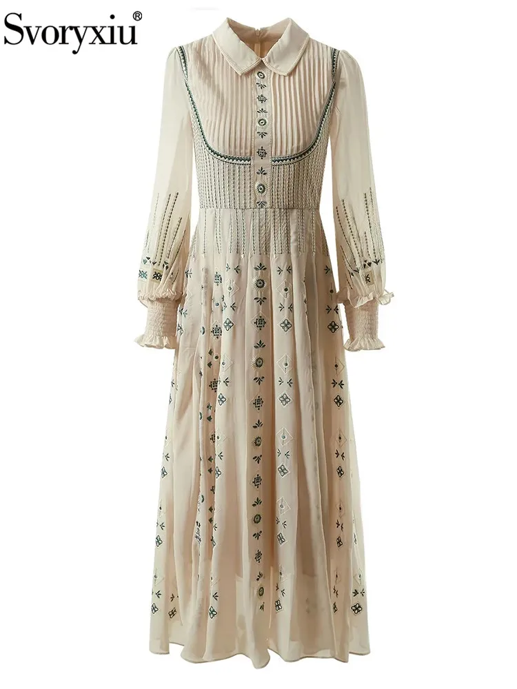 Svoryxiu Spring Summer Fashion Designer Vintage Beige Color Midi Dress Women's Lantern Sleeve Ruffle Embroidery High Waist Dress