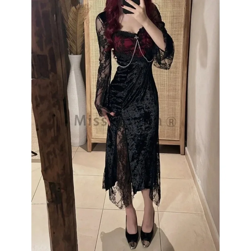 Женское кружевное платье в стиле гранж Y2k готическое облегающее темной академии