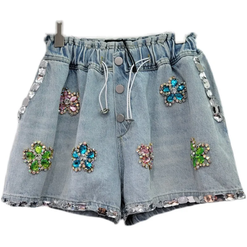Summer New Heavy Handmade Flower Rhinestone-Embedded Elastic Short Pants High Waist Loose Slimming Denim Wide Leg Shorts