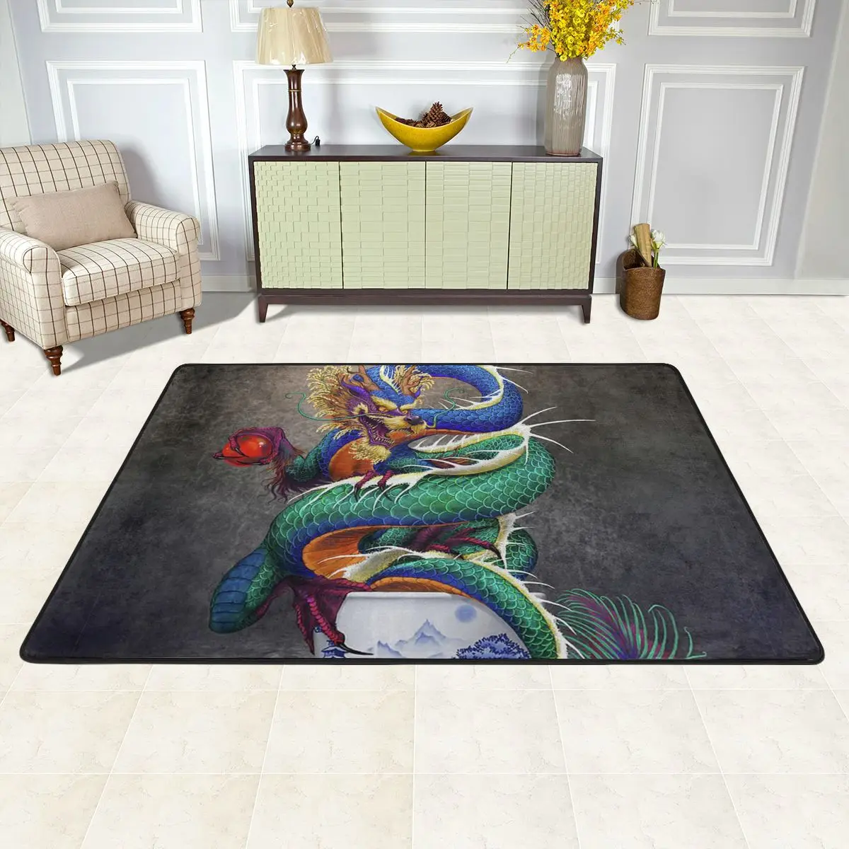 Фарфоровые коврики с китайским драконом голубые и белые интерьер детской