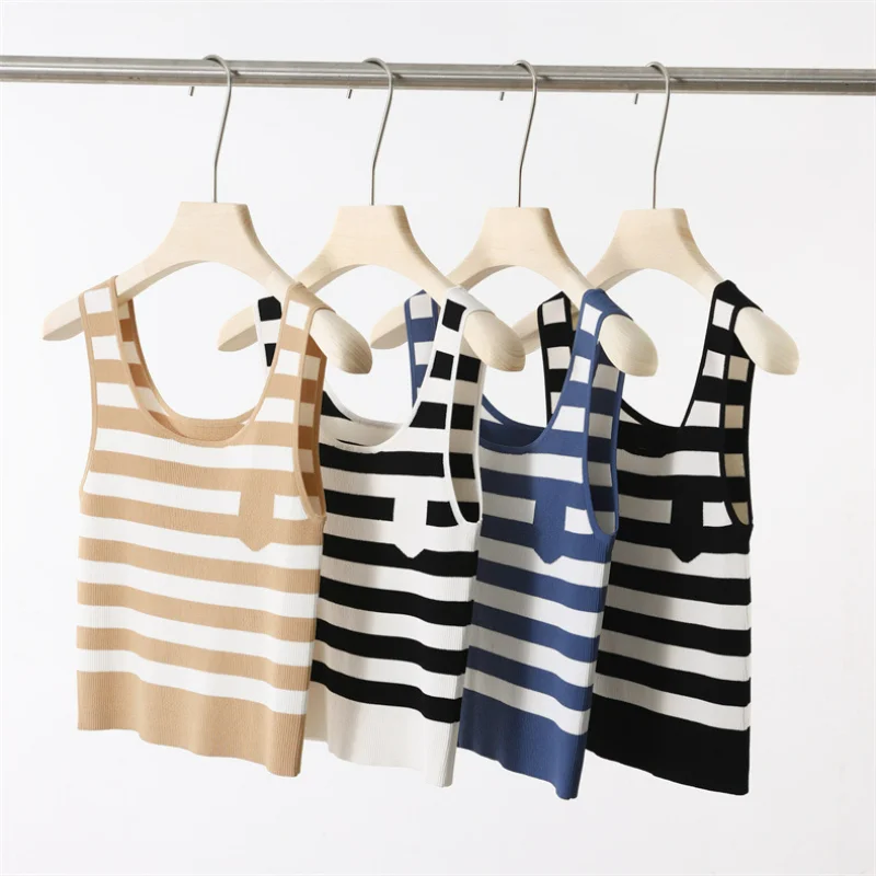 

Summer Striped Short Camisole Women Knitted Crop Tops Spring Inner High-quality Slim Tees Viscose High Elasticity Tank Tshirts
