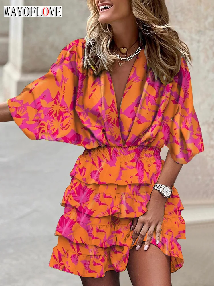 

WAYOFLOVE Ladies Spring Summer Sexy Dress Batwing Sleeve V-neck Beam Waist Elegant Mid Dresses Party Print Tierred Women's Dress