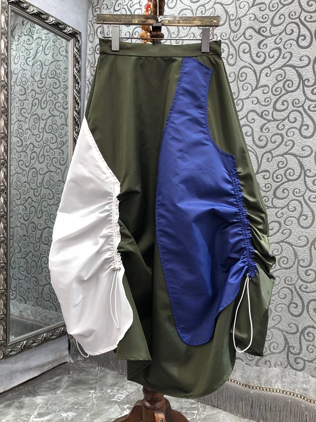 

2023 new women fashion sexy casual drawstring pleated color matching puffy long skirt skirt 0714