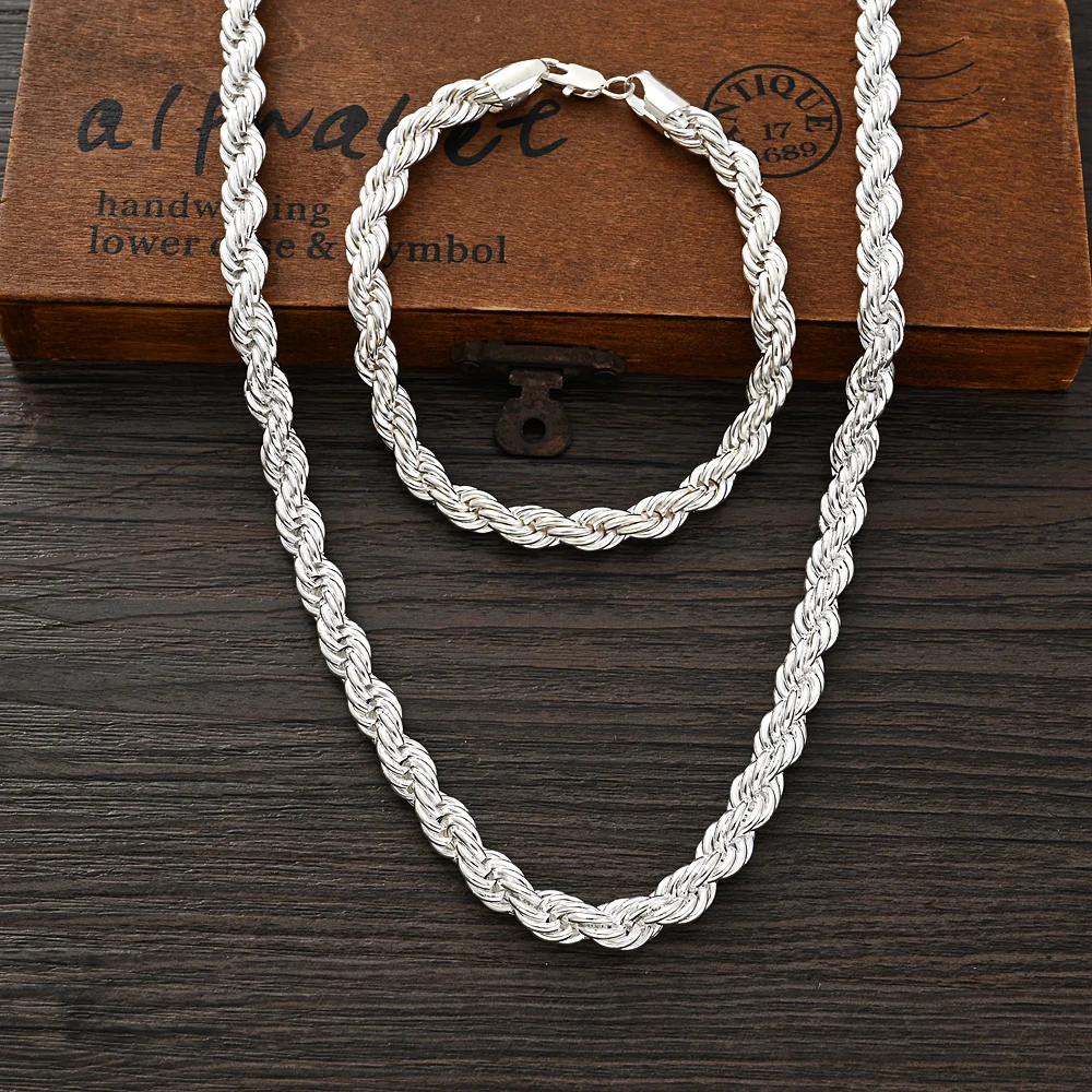 

Silver Color Necklaces Bracelet Set Figaro Rope Chain Women Curb Cuban Bridle Wedding Party Jewelry Nicely Gifts