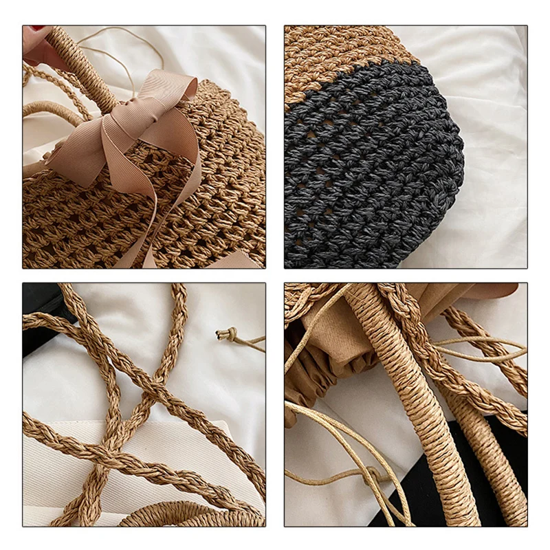 Straw Beach Bag Vintage Handmade Woven Shoulder Bag Raffia Circle Rattan Bags Bohemian Summer Vacation Casual Bags