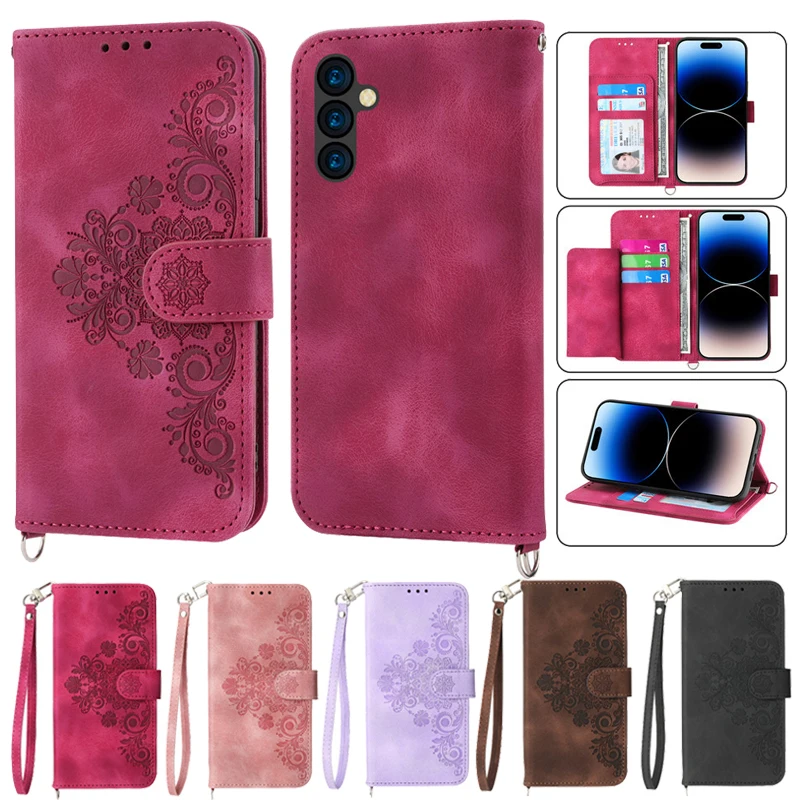 

Flower Case on For Samsung Galaxy A34 A54 A33 A53 5G A23E A23 A22E A04E A04S A04 4G A23S Leather Flip Phone Case Protect Cover