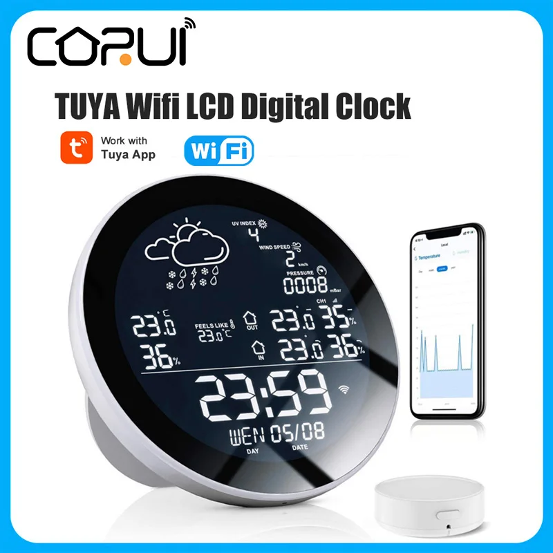

CoRui TUYA Wifi LCD Цифровые Часы Измеритель температуры и влажности комнатный умный термометр гигрометр Метеостанция TH сенсор