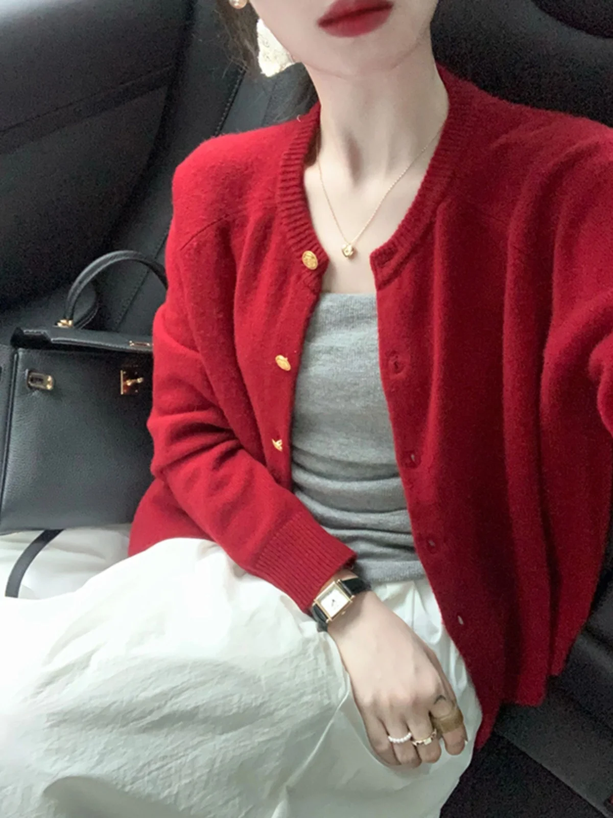 Red Knit Top Women Autumn and Winter Outdoor Loose Soft Glutinous Idle Sle Short Raccoon Velvet Sweater Cardigan Outerwear