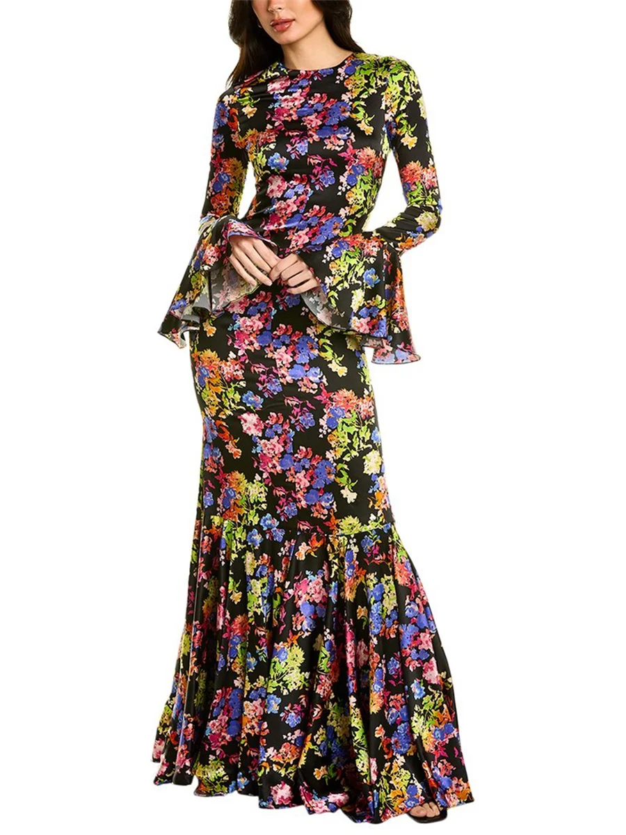 

Женское коктейльное платье с цветочным принтом и круглым вырезом