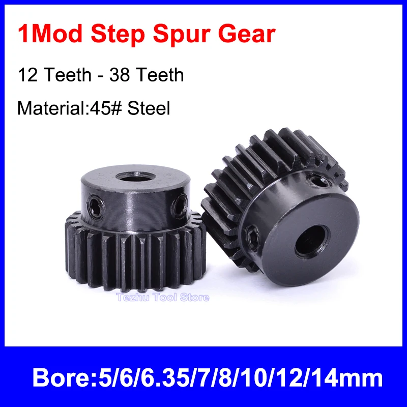 

1Pcs 45# Steel 1Module Motor Pinion Step Convex Gear Spur Gear 12 Teeth To 38 Teeth Bore 5/6/6.35/7/8/10/12/14mm