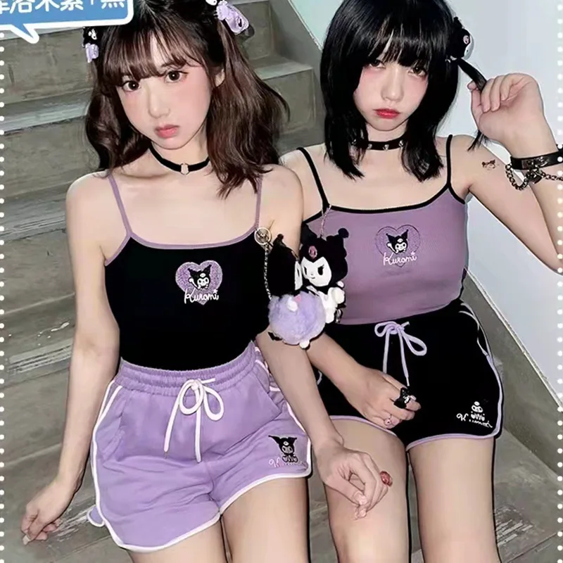 

Women 2 Piece Vest Shorts Sport Set Kuromi Cinnamoroll My Melody Pachacco Workout Running Fitness Yoga Suit