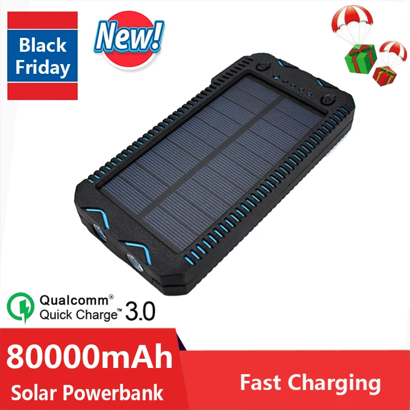 High Capacity 80000mAh Solar Power Bank Waterproof External Battery Outdoor Travel Mobilephone Charger for Xiaomi Samsung IPhone