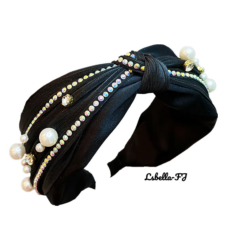 

Court Vintage Fashion Headbands Light Luxury Rhinestone Knotted Pearl Sparkle Macaron Hairband Ornament Women's Hair Accessories