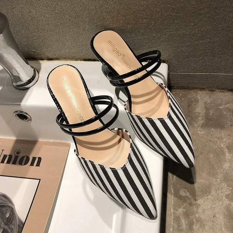 Сланцы женские с острым носком пикантные Туфли на каблуке сандалии без задника